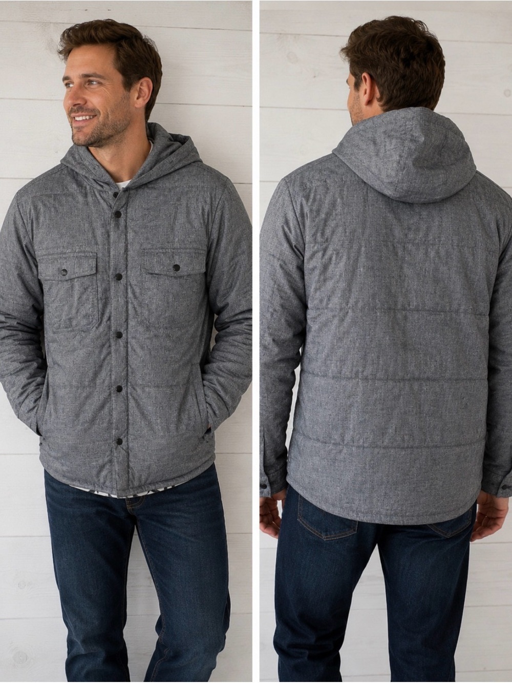 Vans Mountain Edition Quilted Hooded Jacket Gray Chambray Snap Front Men’s Large